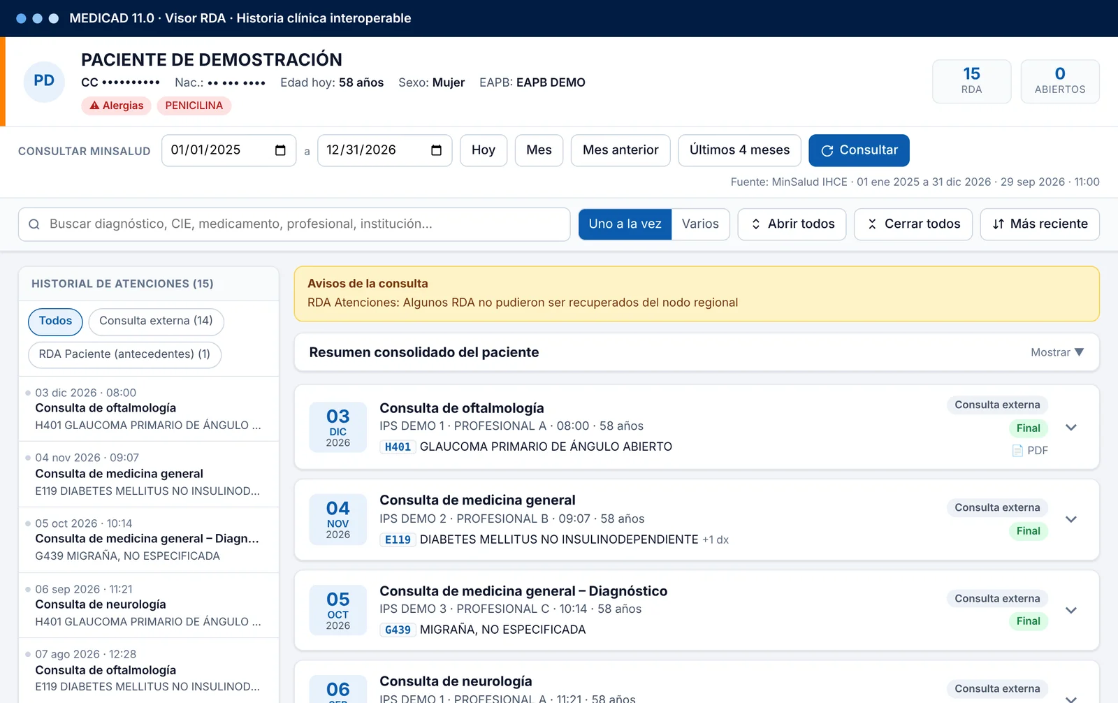 Visor RDA de MEDICAD 11.0 con datos de demostración